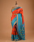 Orange & Turquoise Ikat Style Designer Saree with Silver Border