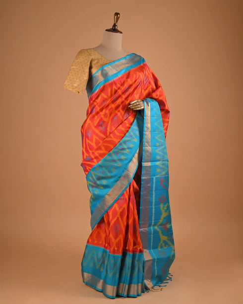 Orange & Turquoise Ikat Style Designer Saree with Silver Border