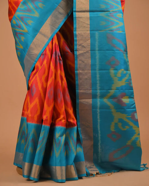Orange & Turquoise Ikat Style Designer Saree with Silver Border