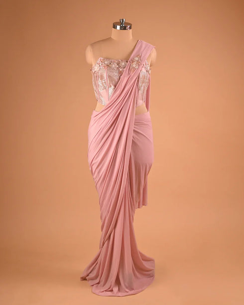 Pastel Pink One-Shoulder Designer Saree for Cocktail Parties
