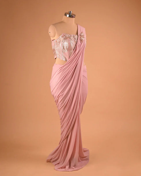 Pastel Pink One-Shoulder Designer Saree for Cocktail Parties