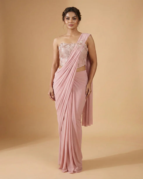 Pastel Pink One-Shoulder Designer Saree for Cocktail Parties