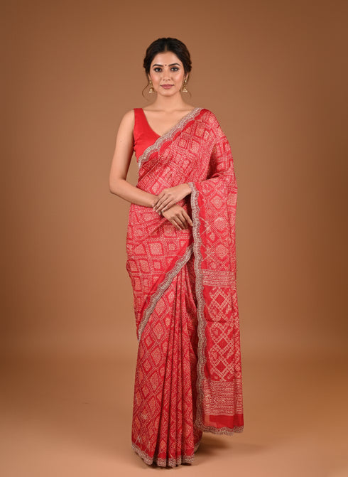 Red Saree with Sequin and Kardana Work