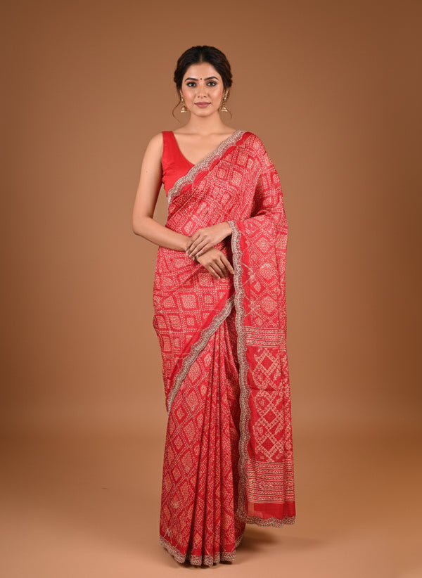 Red Saree with Sequin and Kardana Work