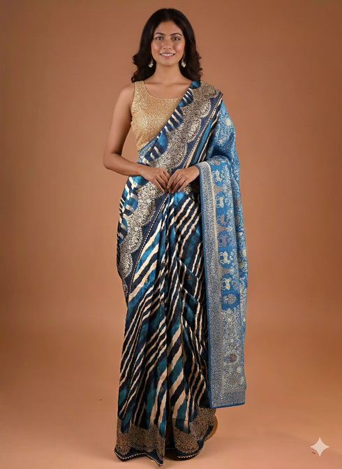Blue Leheriya Print Saree with Weaving Design