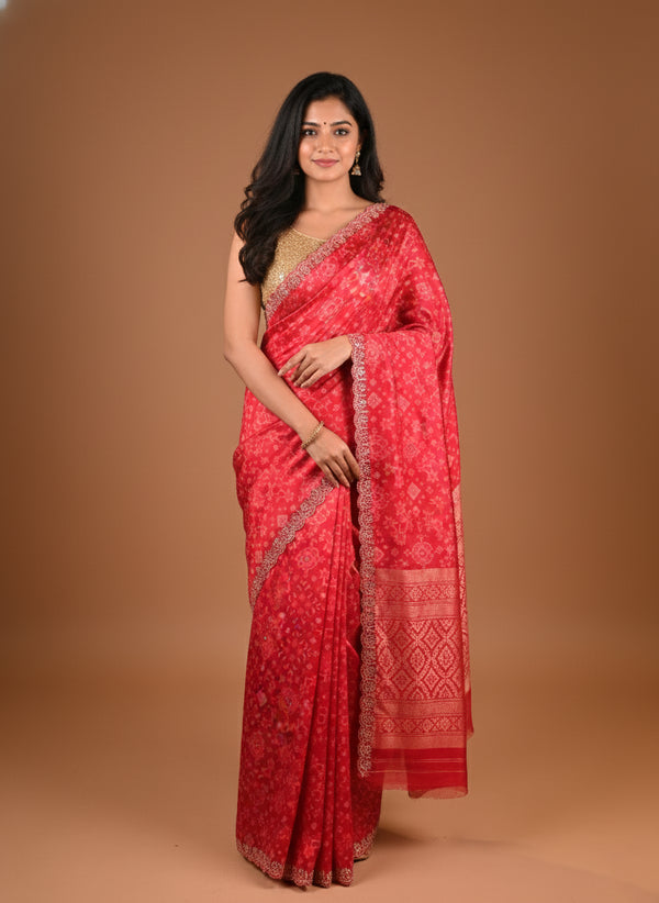 Traditional Pita Gota Patti Work Red Saree Design