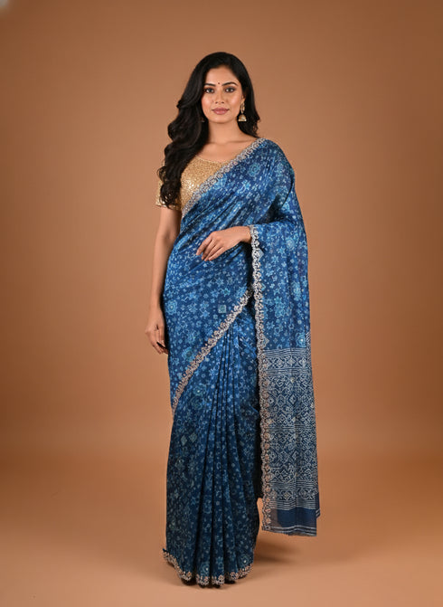 Traditional Pita Gota Patti Work Blue Saree Design