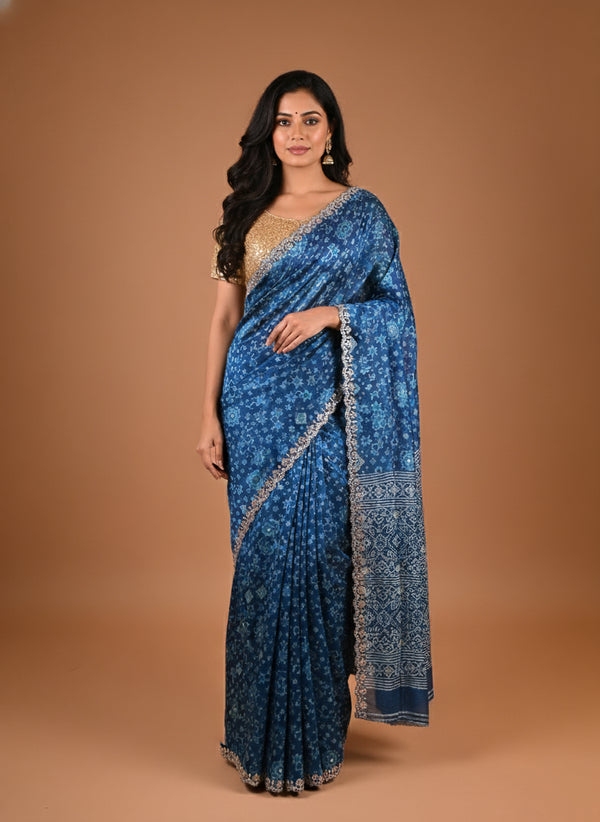 Traditional Pita Gota Patti Work Blue Saree Design