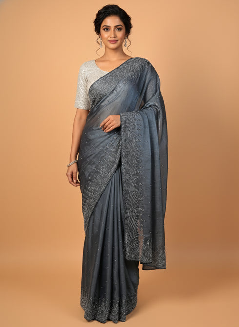Blue Saree Tikli Moti Work