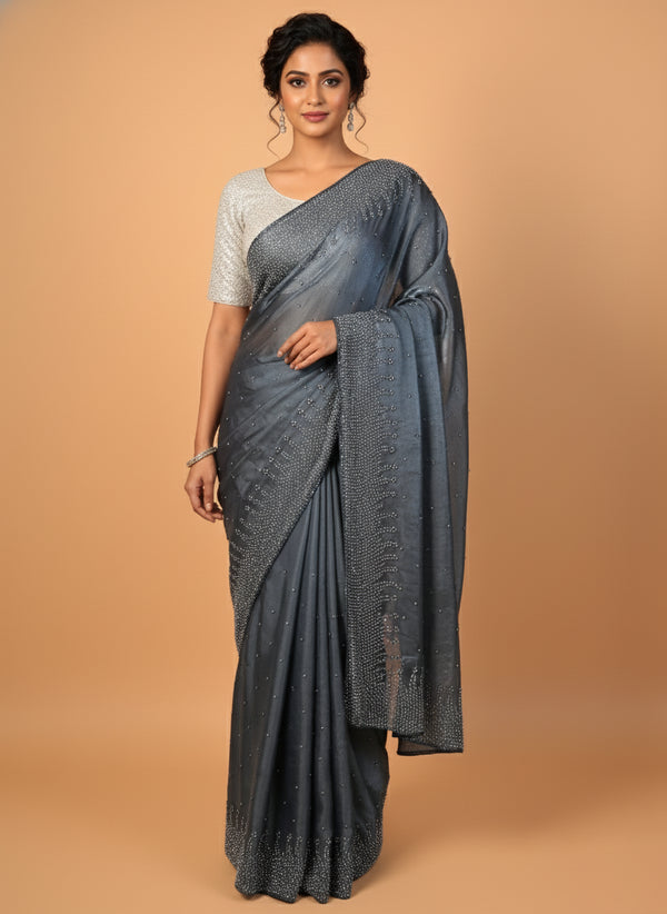 Blue Saree Tikli Moti Work