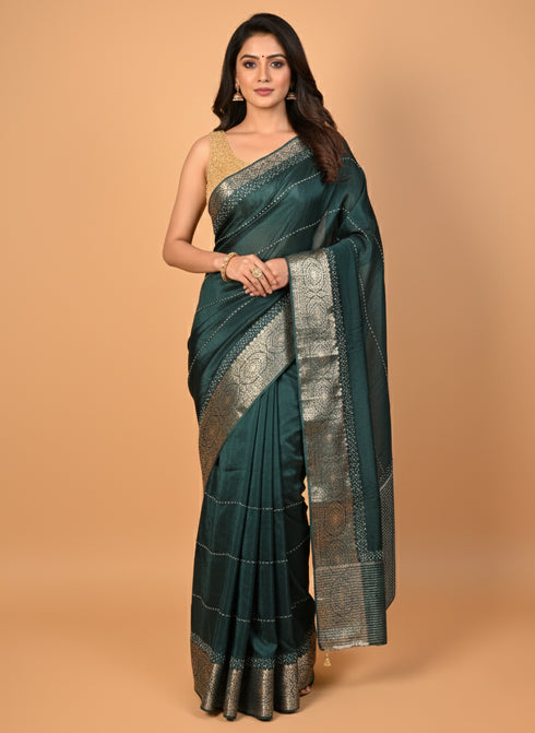 Green Saree with Moti Embroidery