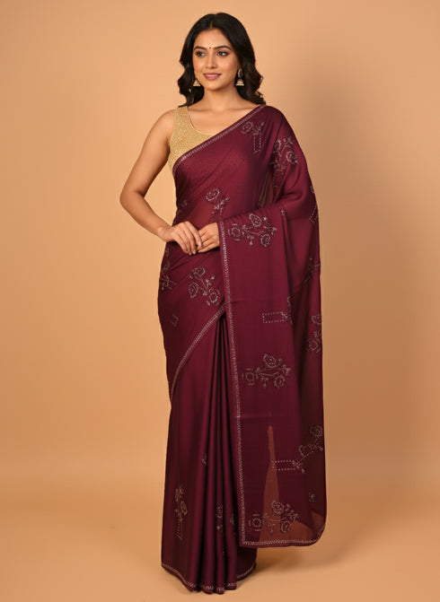Wine Saree With Swarovski Crystals