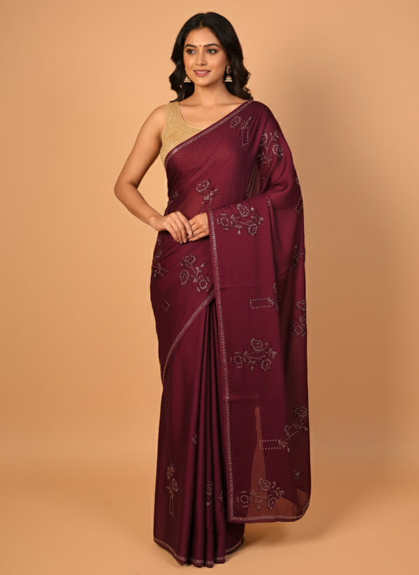 Wine Saree With Swarovski Crystals