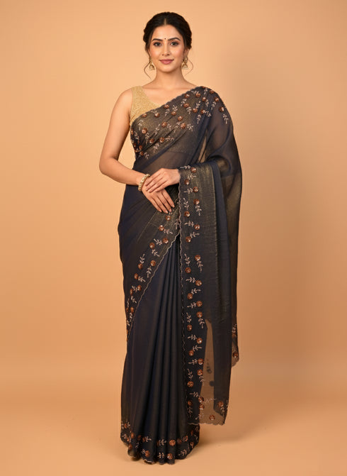 Blue Saree Sequin Kardana Work