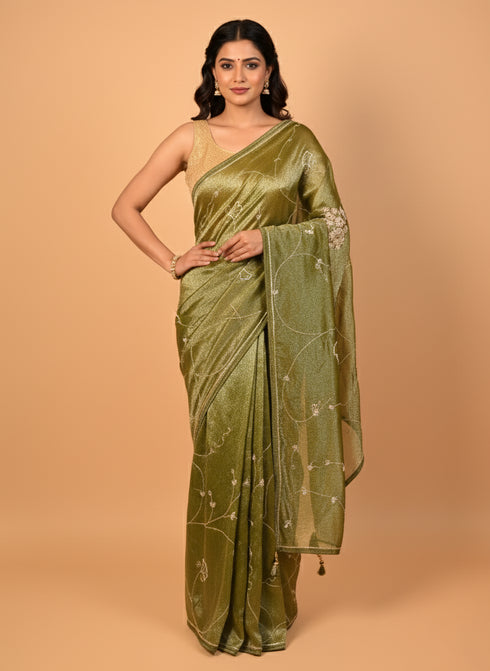 Moti & Sequin Work Green Saree