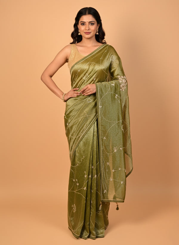 Moti & Sequin Work Green Saree