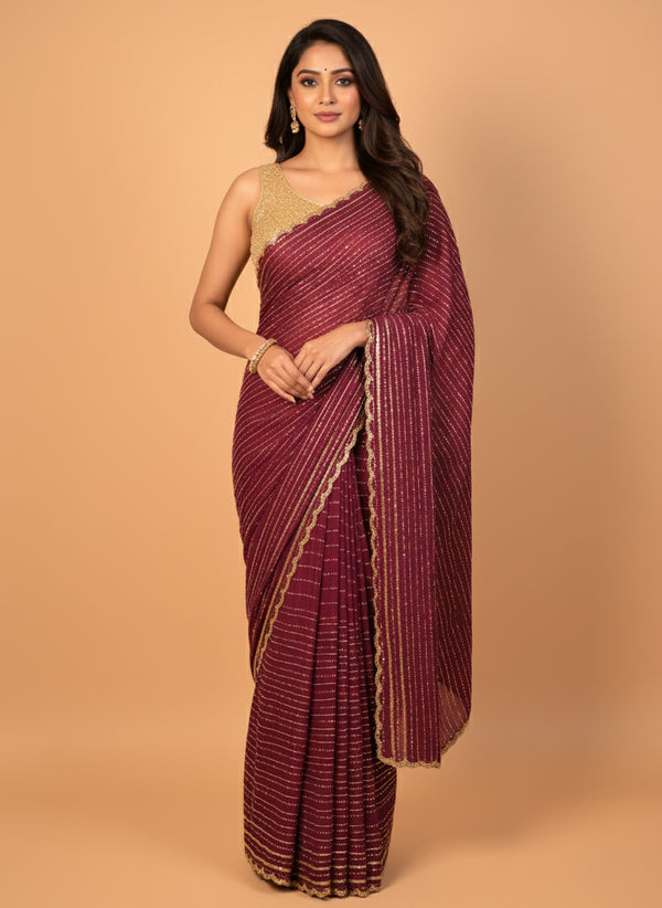 Wine Saree With Moti & Kardana Work