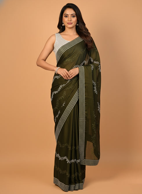 Pearl & Thread Work Mehndi Color Saree