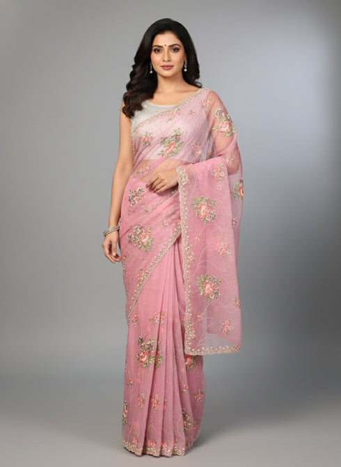 Purple Saree with Zari, Moti & Sequin Embroidery