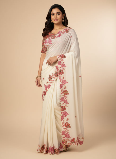 Cream Saree with Patch & Thread Embroidery