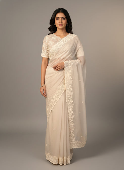 Cream Saree with Pearl & Resham Embroidery