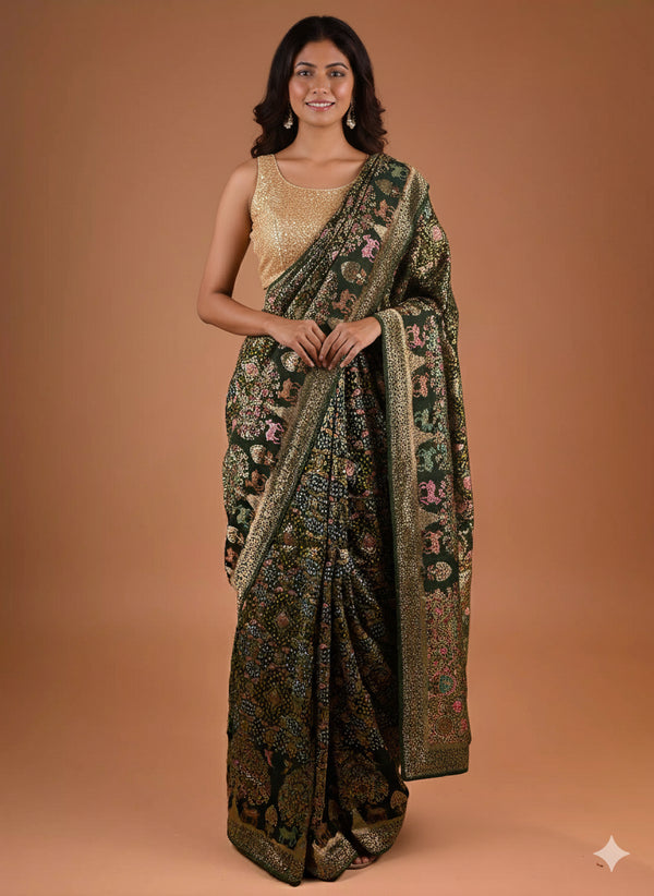 Green Saree Embellished with Intricate Meenakari Detailing