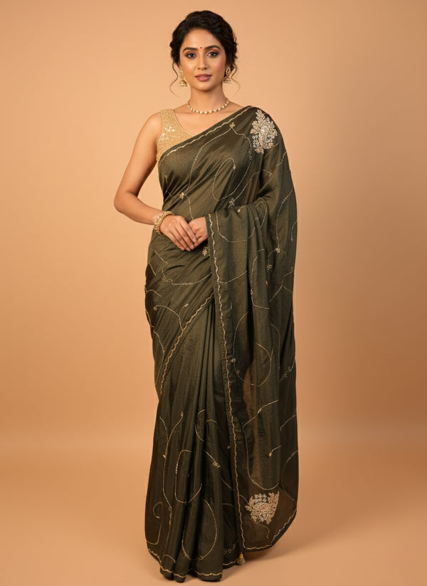 Mehndi Saree Stone Zarkan Moti Work