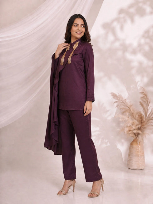 Plum Designer Kurti Set with Kurti Pants & Dupatta