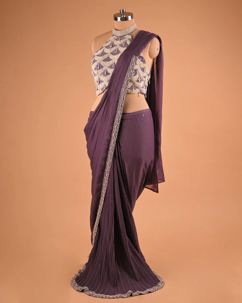 Plum Pleated Designer Saree with Halter Neck Embellished Blouse