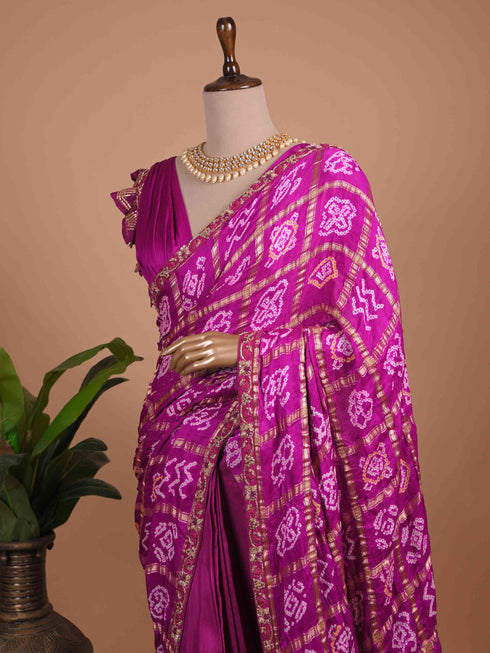 Purple Bandhani Printed Silk Saree with Zari Border for Festive & Wedding Wear