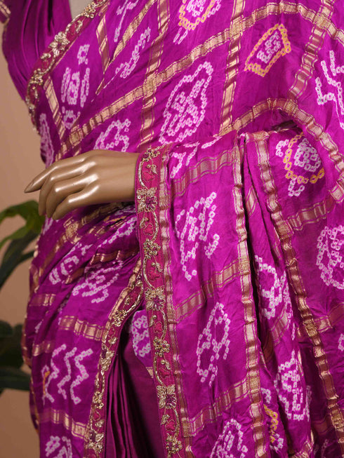 Purple Bandhani Printed Silk Saree with Zari Border for Festive & Wedding Wear
