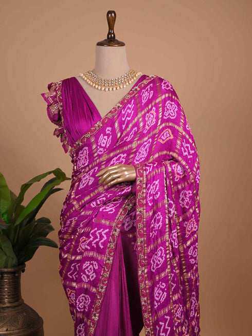 Purple Bandhani Printed Silk Saree with Zari Border for Festive & Wedding Wear