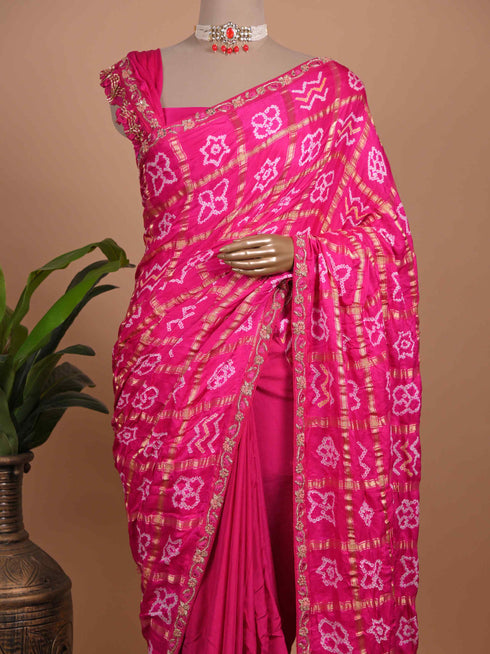 Rani Pink Bandhani Printed Saree with Gold Zari Border – Festive Wear