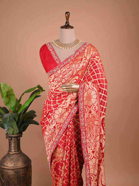 Red Banarasi Style Silk Saree with Heavy Gold Zari Work – Wedding Wear