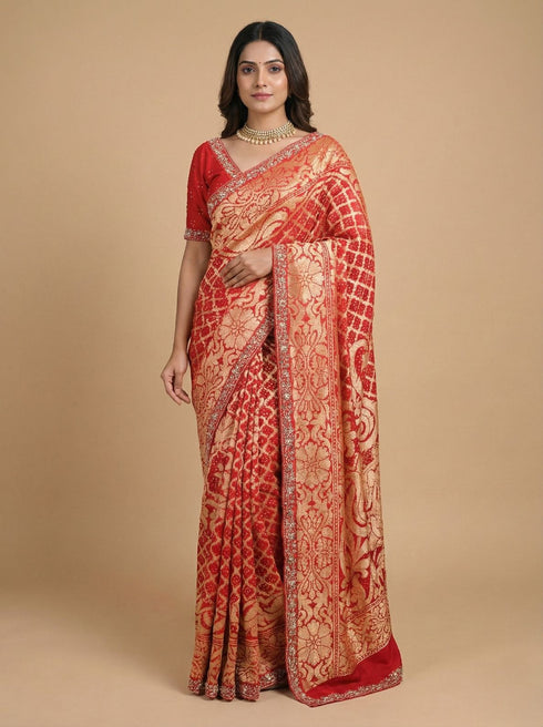 Red Banarasi Style Silk Saree with Heavy Gold Zari Work – Wedding Wear