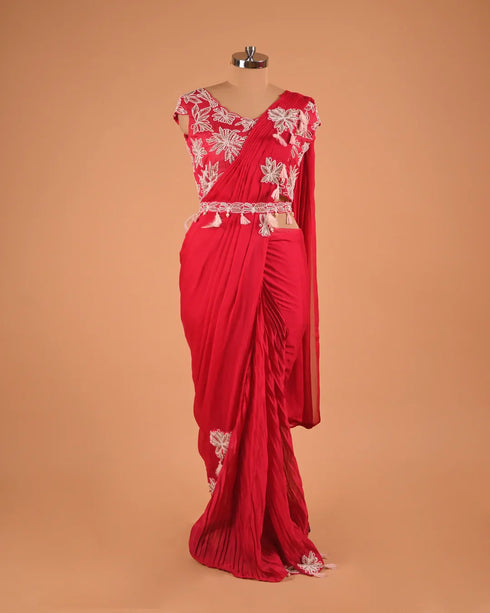 Red Embroidered Party Wear Designer Saree