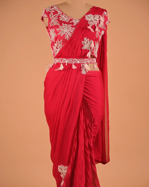 Red Embroidered Party Wear Designer Saree