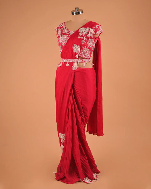 Red Embroidered Party Wear Designer Saree