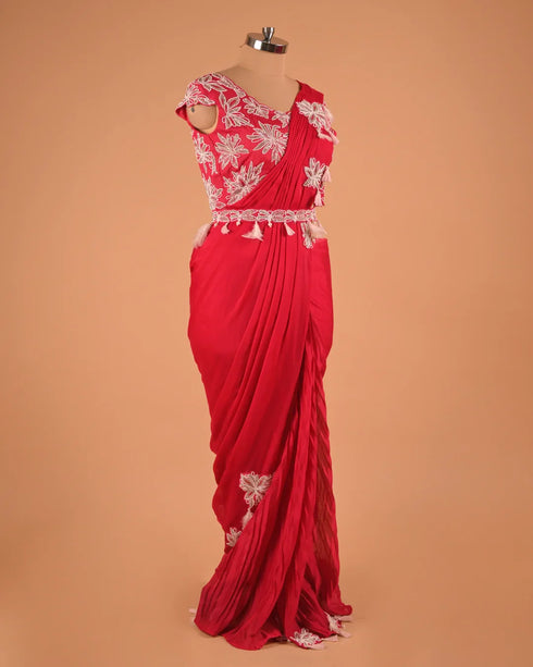 Red Embroidered Party Wear Designer Saree