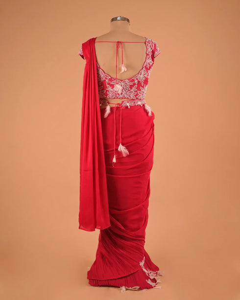 Red Embroidered Party Wear Designer Saree