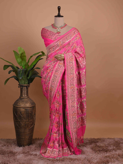 Rose Pink Banarasi Style Woven Saree with Intricate Floral Paisley Design