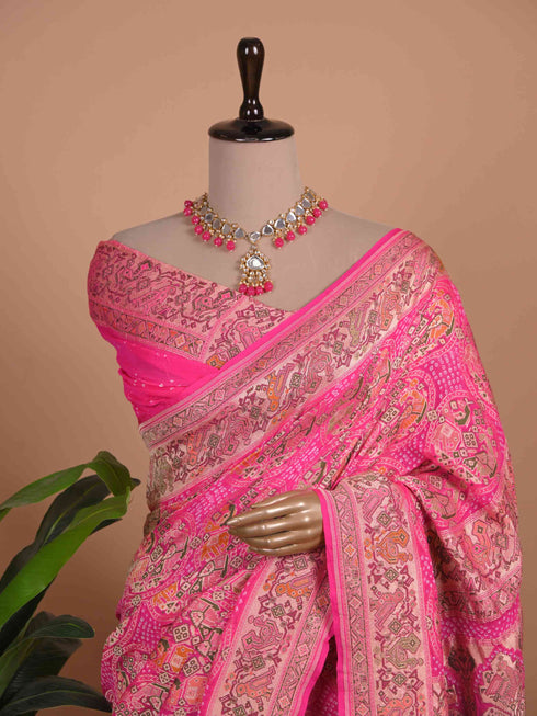 Rose Pink Banarasi Style Woven Saree with Intricate Floral Paisley Design
