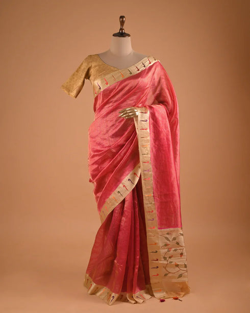 Rose Pink Tissue Designer Saree with Artistic Border