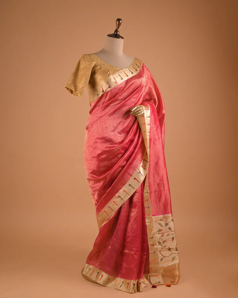 Rose Pink Tissue Designer Saree with Artistic Border