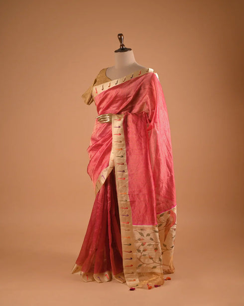 Rose Pink Tissue Designer Saree with Artistic Border