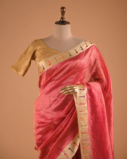 Rose Pink Tissue Designer Saree with Artistic Border