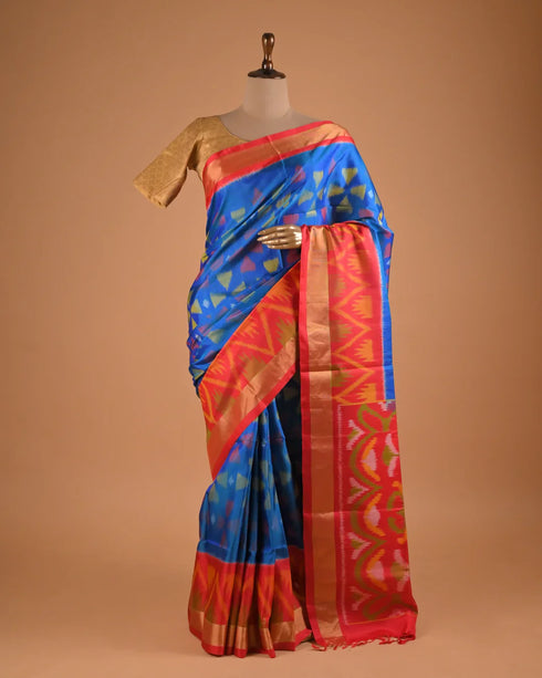 Royal Blue Ikat Designer Saree with Contrast Border
