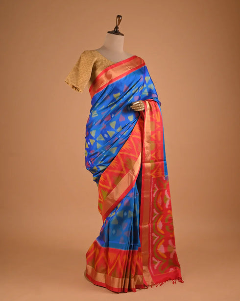 Royal Blue Ikat Designer Saree with Contrast Border