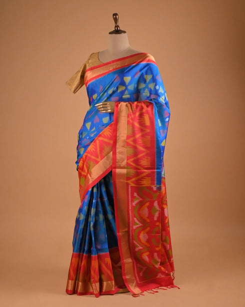 Royal Blue Ikat Designer Saree with Contrast Border