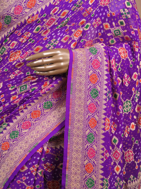 Royal Purple Banarasi Style Woven Saree with Multicolour Motifs & Zari Border